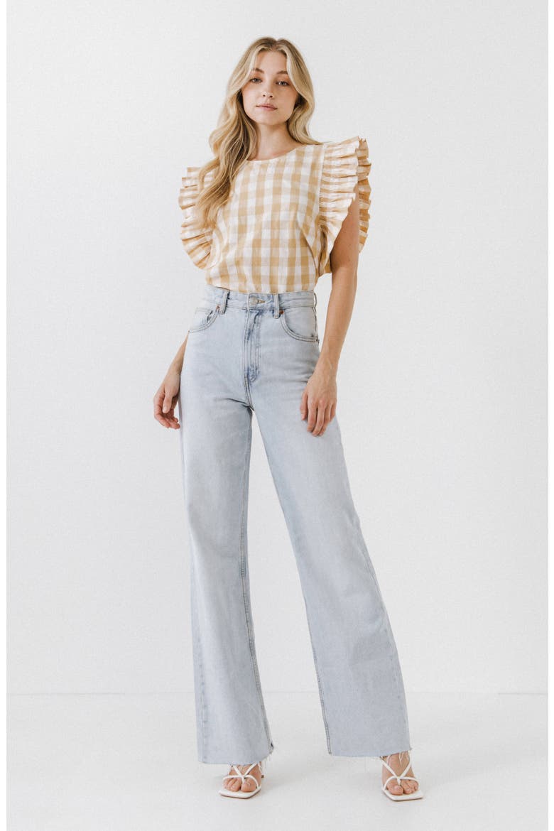 Gingham Ruffle Sleeve Top, Alternate, color, BEIGE