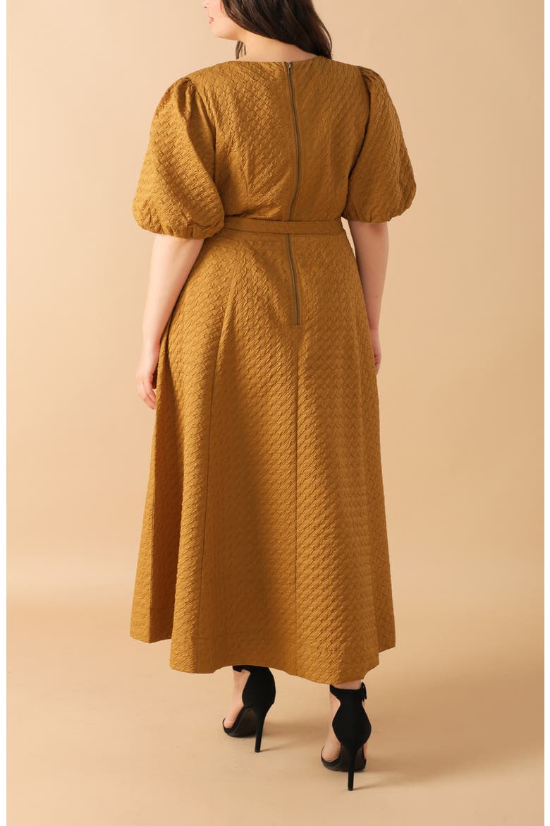 Belted Houndstooth Puff Sleeve Maxi Dress, Alternate, color, CAMEL