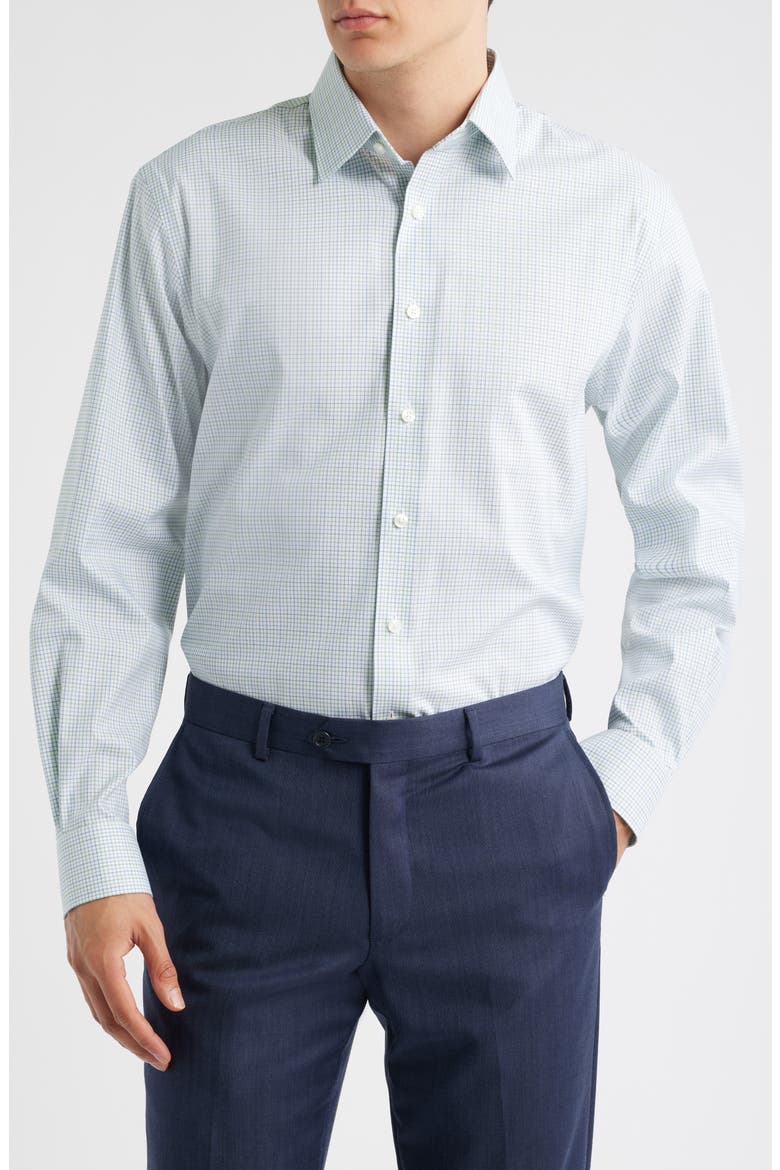 Traditional Fit Plaid Premium Performance Dress Shirt, Main, color, BLUE- GREEN NEWPORT PLAID