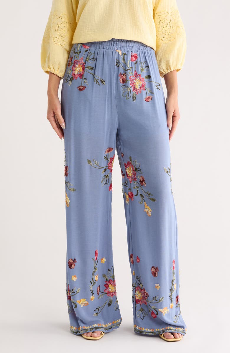Forgotten Grace Floral Embroidered Pull On Pants, Main, color, Blue Floral