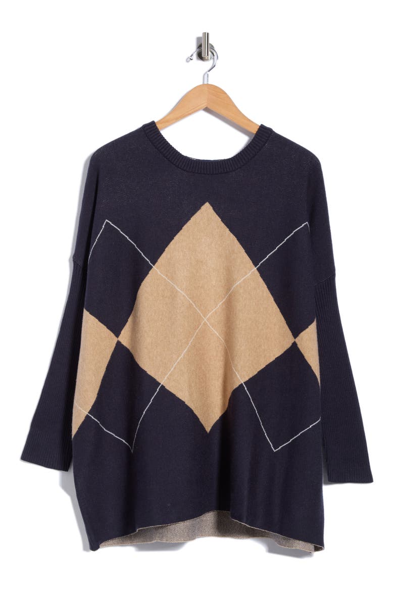 Argyle Detachable Cowl Neck Poncho Sweater, Main, color, ARGYLE NAVY