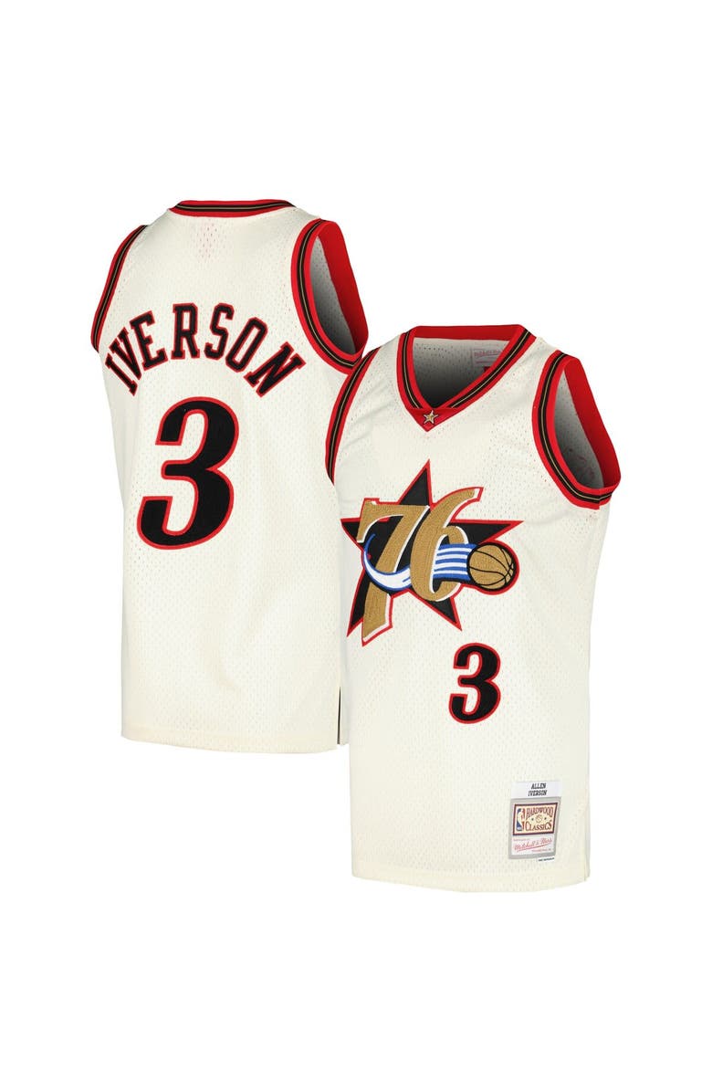 Mitchell & Ness Men's Mitchell & Ness Allen Iverson Cream Philadelphia 76ers Chainstitch Swingman Jersey, Main, color, Cream