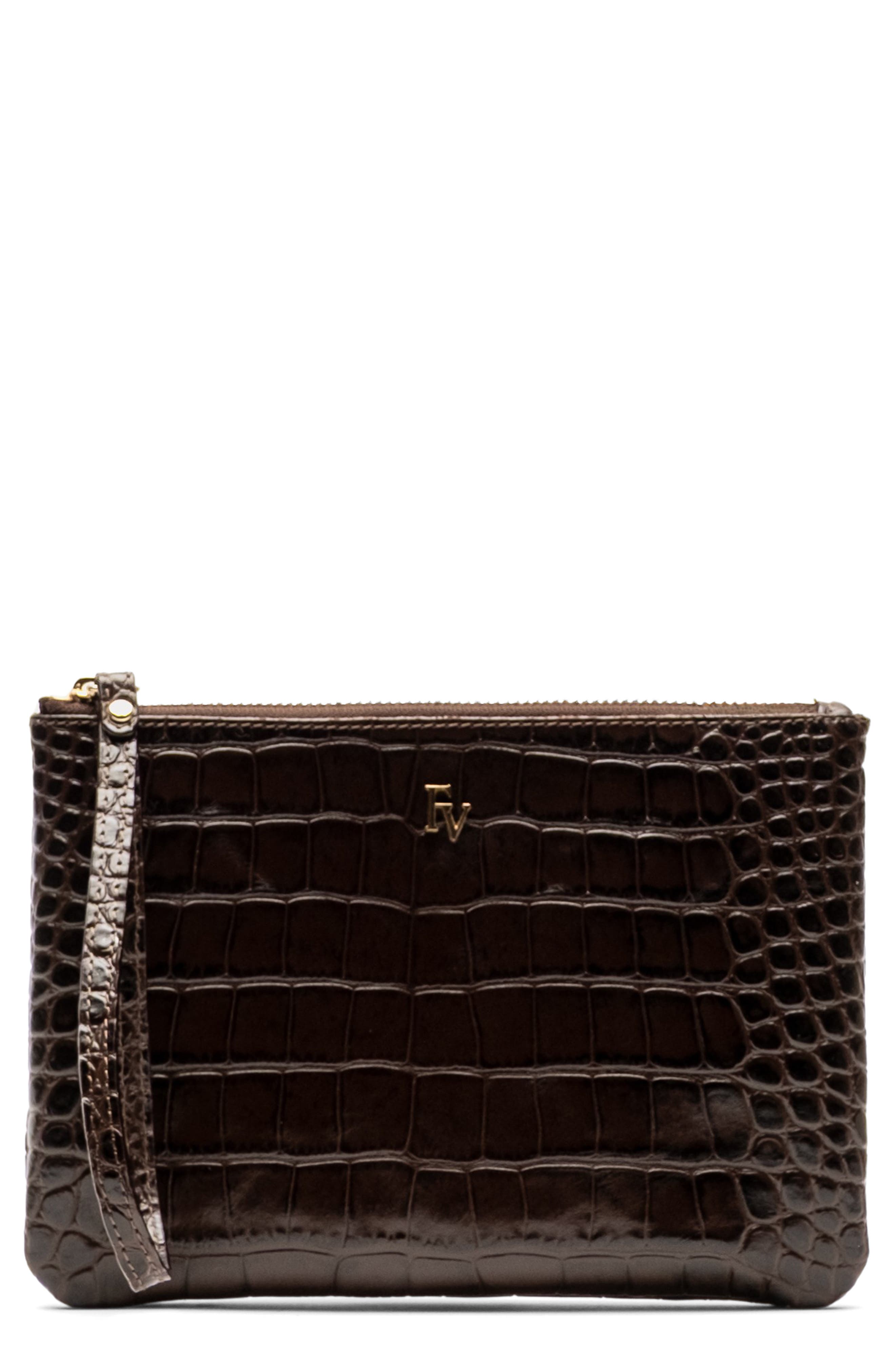 Frances Valentine Croc Embossed Leather Wristlet, Main, color, Brown