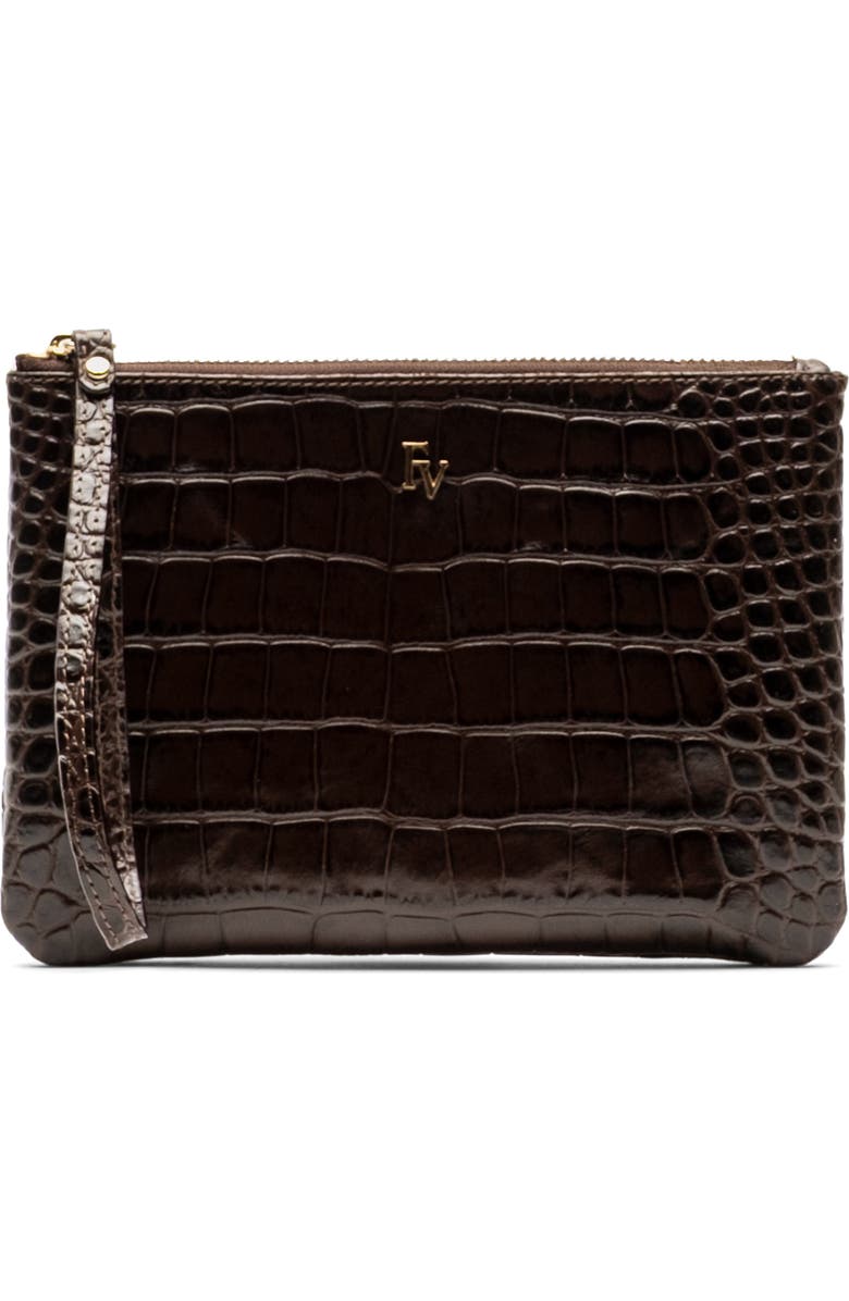 Frances Valentine Croc Embossed Leather Wristlet, Main, color, Brown