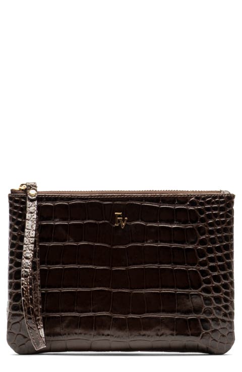 Croc Embossed Leather Wristlet