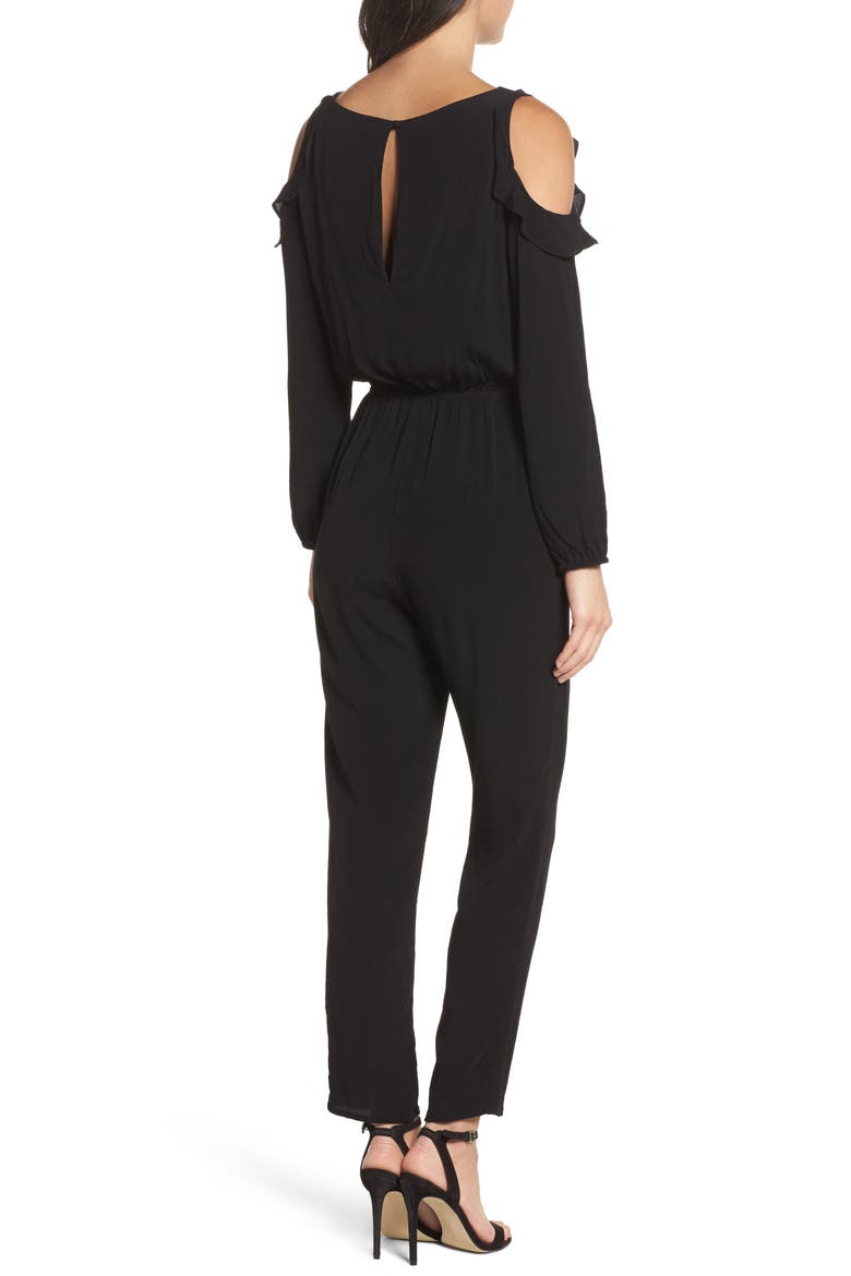 Ruffle Cold Shoulder Jumpsuit, Alternate, color, BLACK