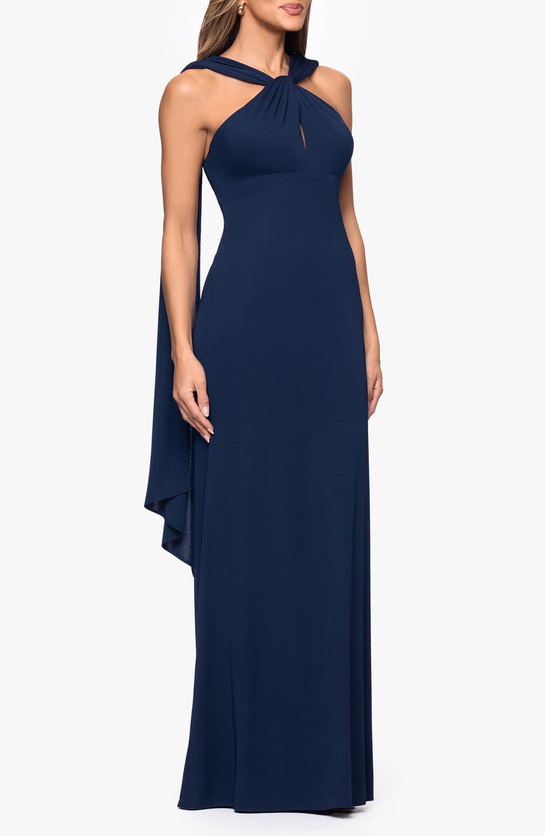 Xscape Evenings Scarf Detail Halter Neck Gown, Alternate, color, Navy