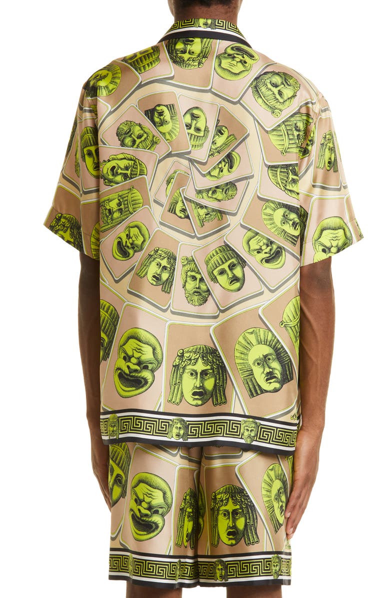 Versace Masks Print Short Sleeve Silk Camp Shirt, Alternate, color, 