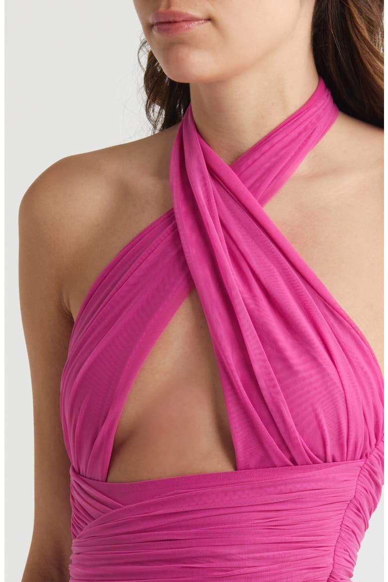 Cutout Crossover Mesh Cocktail Halter Minidress, Alternate, color, MAGENTA