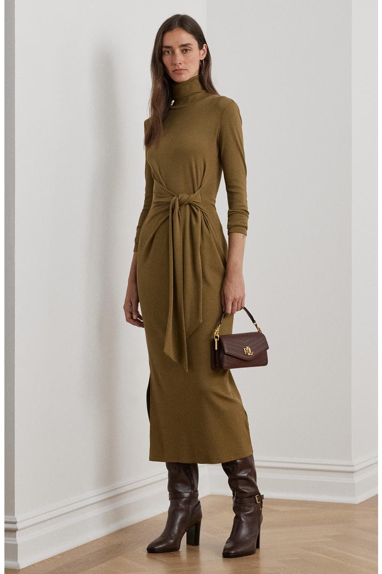 Tie Waist Long Sleeve Rib Dress, Alternate, color, HONEY TAN
