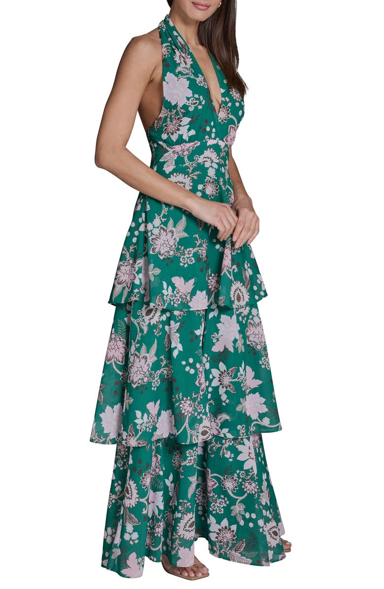 BCBG Floral Tiered Halter Maxi Dress, Alternate, color, Lush Green Multi