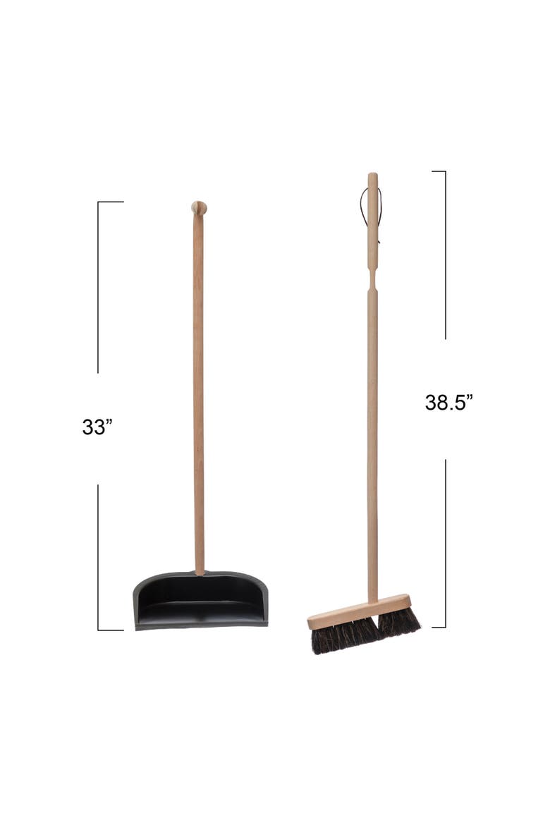 Beech Wood Broom and Standing Metal Dust Pan Set, Natural and Black, Alternate, color, Black