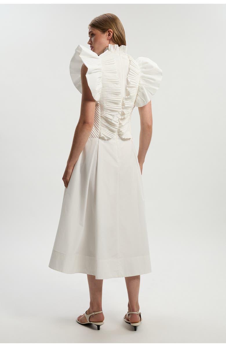 Karen Millen Pleated Ruffle Sleeve Woven Midi Dress, Alternate, color, Ivory