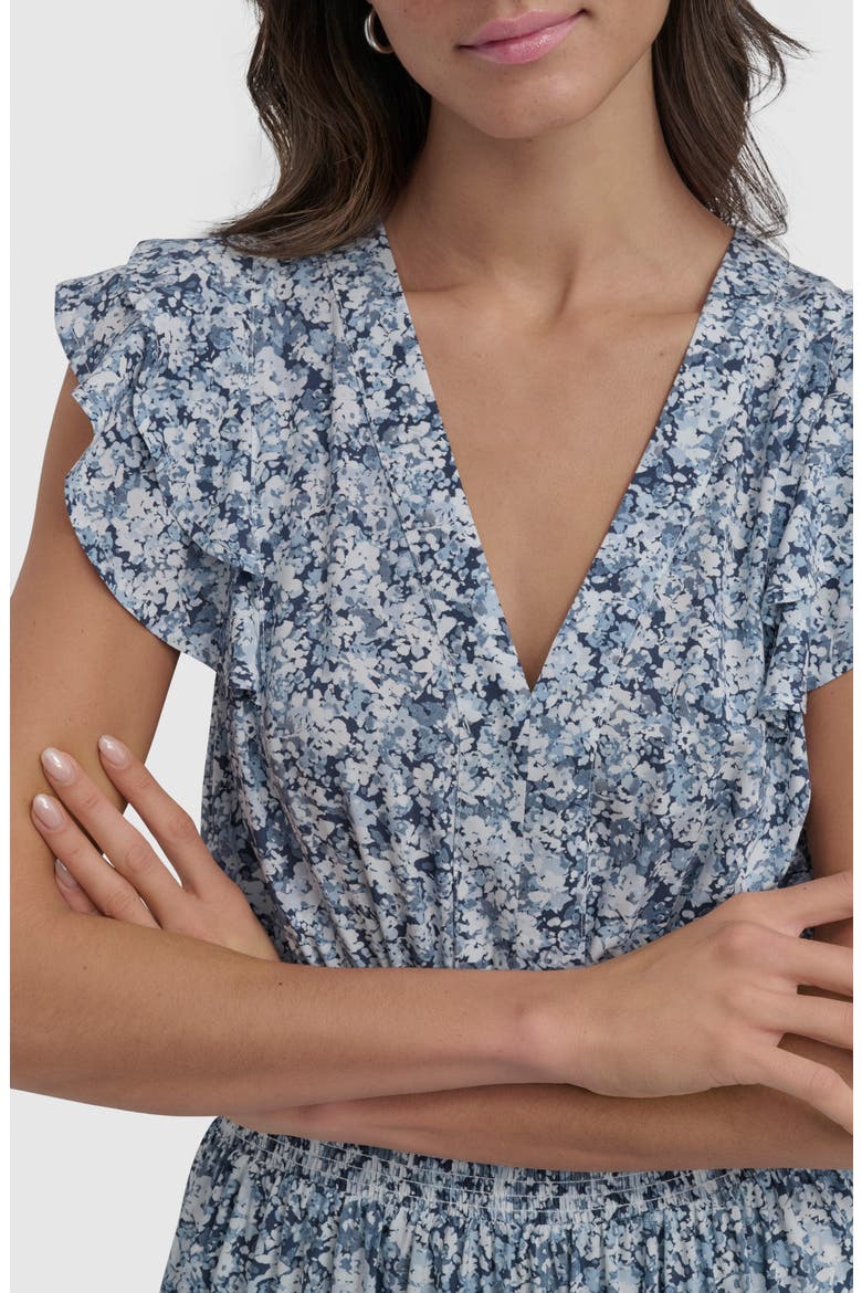 Pleated V-Neck Dress, Alternate, color, DITSY FLORAL COBALT