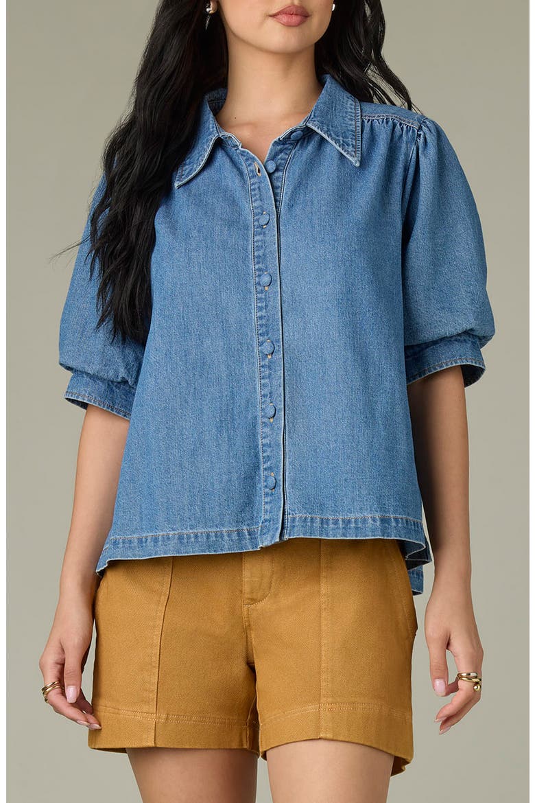 Puff Sleeve Denim Shirt, Main, color, MID BLUE