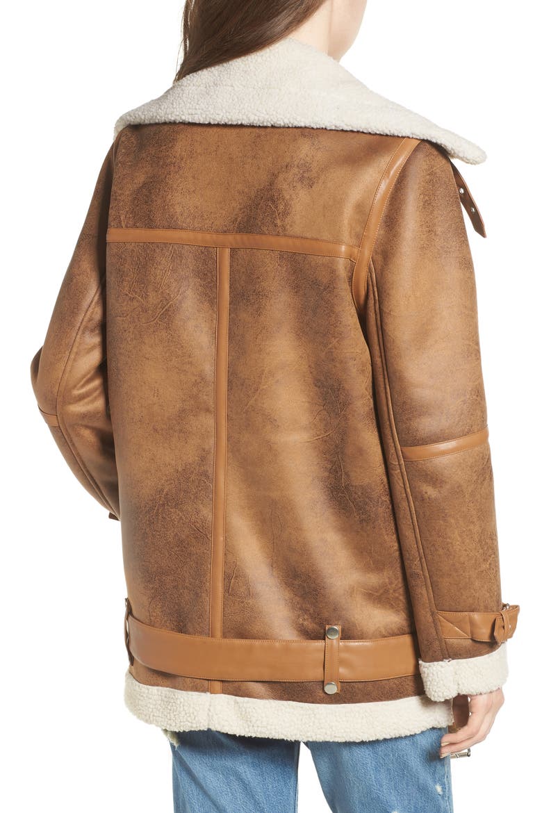 Faux Shearling Biker Jacket, Alternate, color, WHISKEY