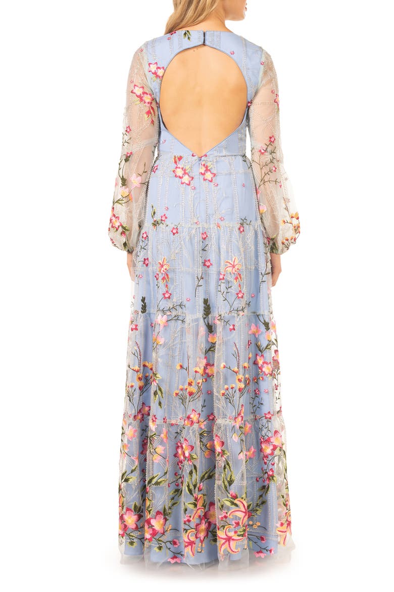 Lyra Floral Embroidery Long Sleeve Tulle Gown, Alternate, color, SKY MULTI
