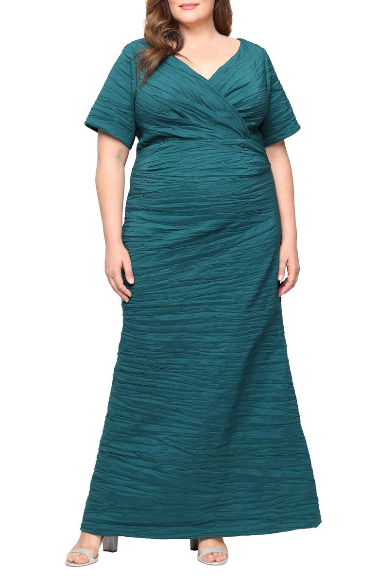 Alex Evenings Crinkle Stretch Taffeta Gown, Main, color, Emerald Green