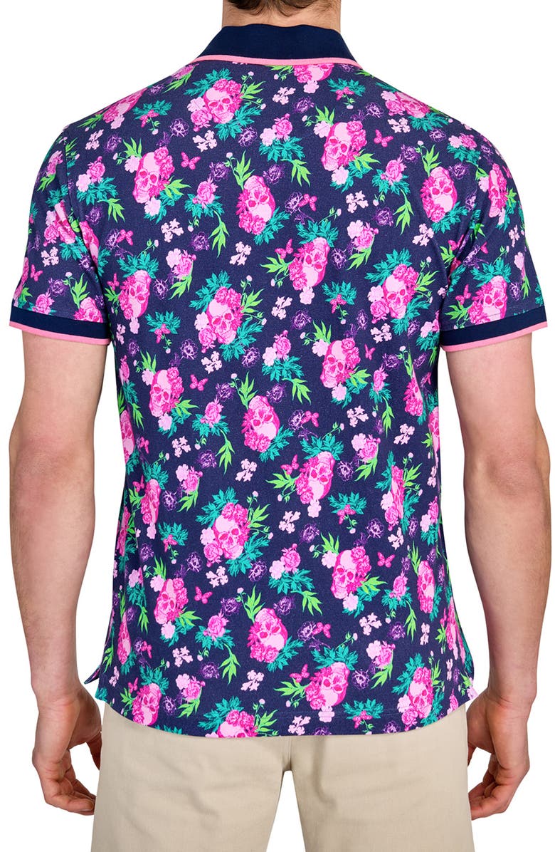 CONSTRUCT Slim Fit Floral Skull Cotton Stretch Pique Polo, Alternate, color, Navy/Pink