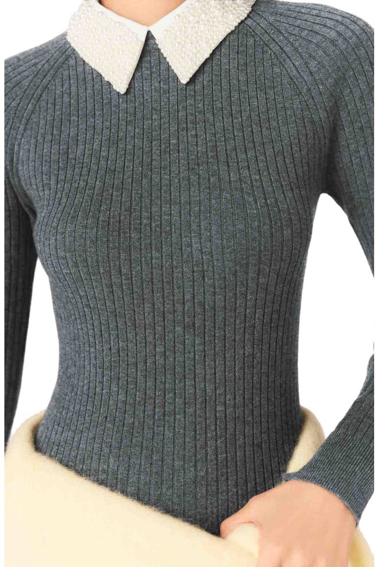 Beaded-collar short knit dress, Alternate, color, Grey