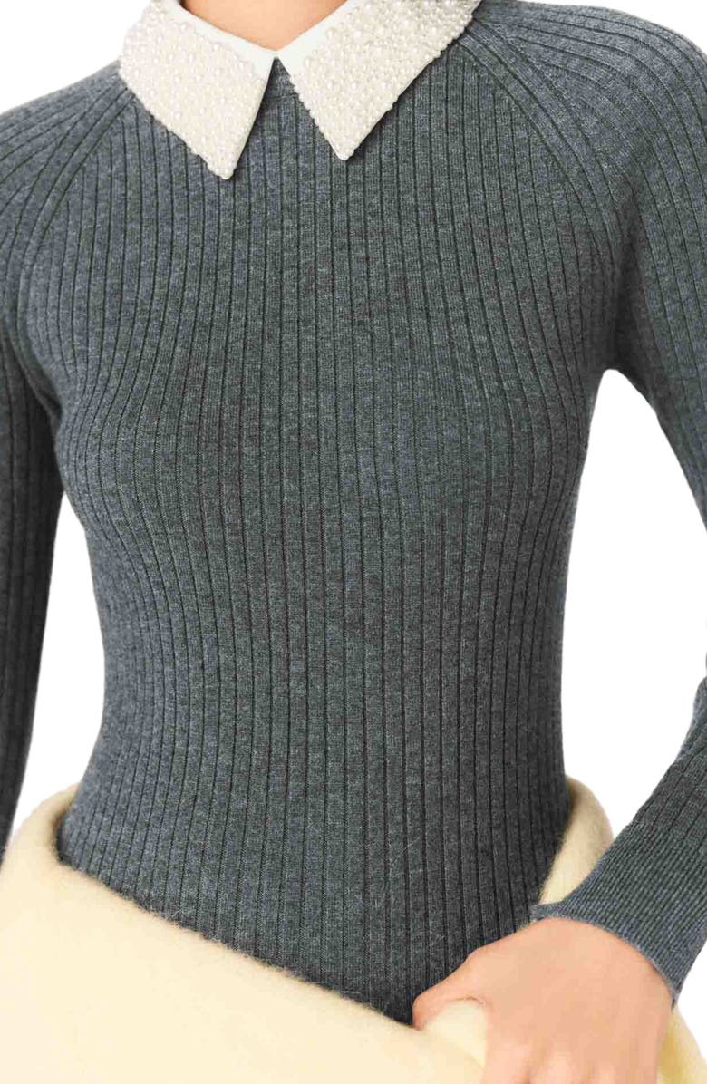 maje Beaded-collar short knit dress, Alternate, color, Grey