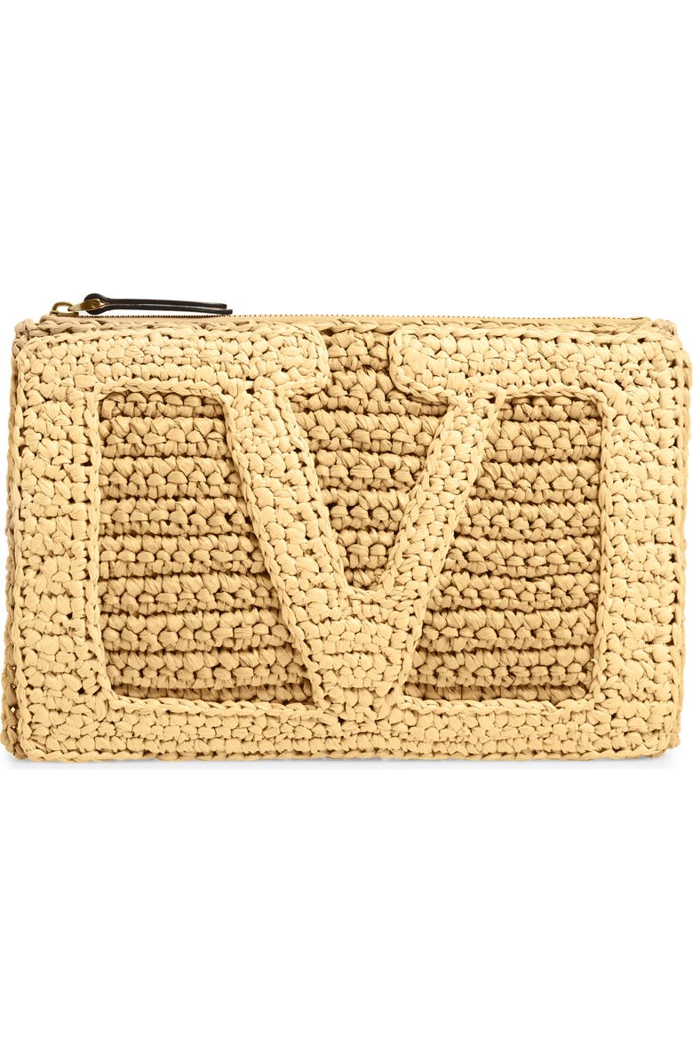 Valentino Garavani Viva Superstar Raffia Clutch, Main, color, Natural