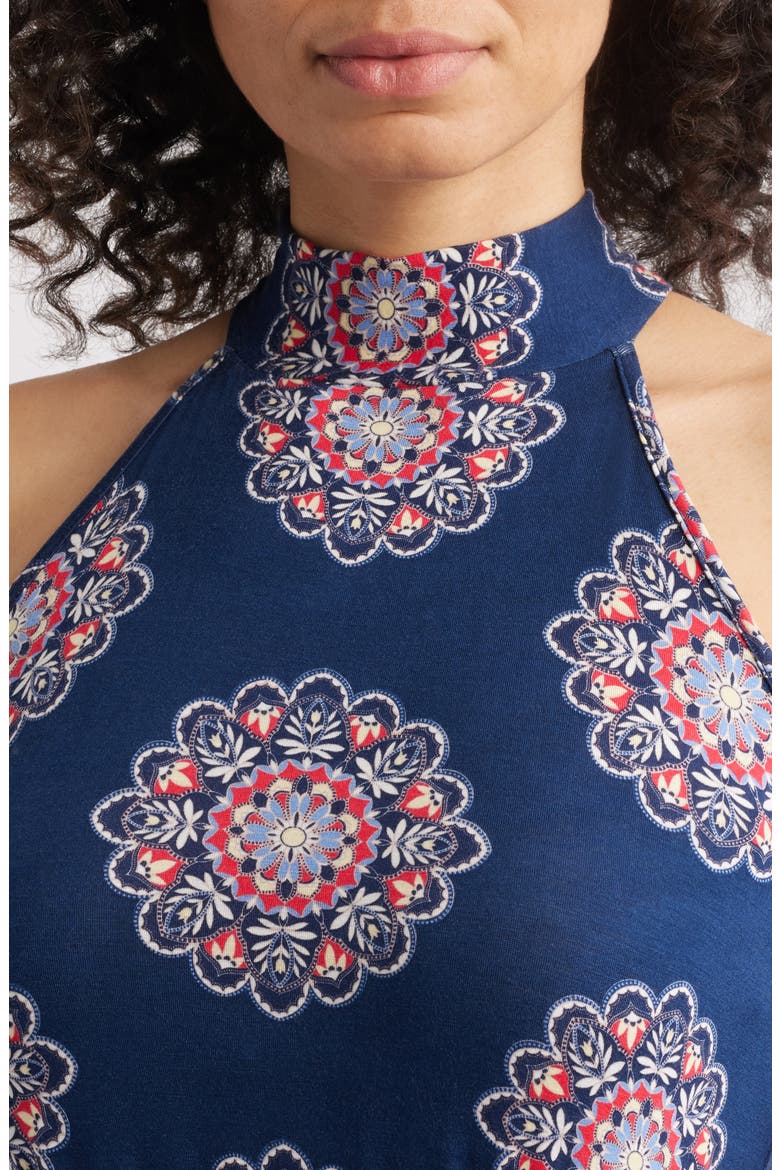 Printed Tie Waist Halter Knit Midi Dress, Alternate, color, NAVY