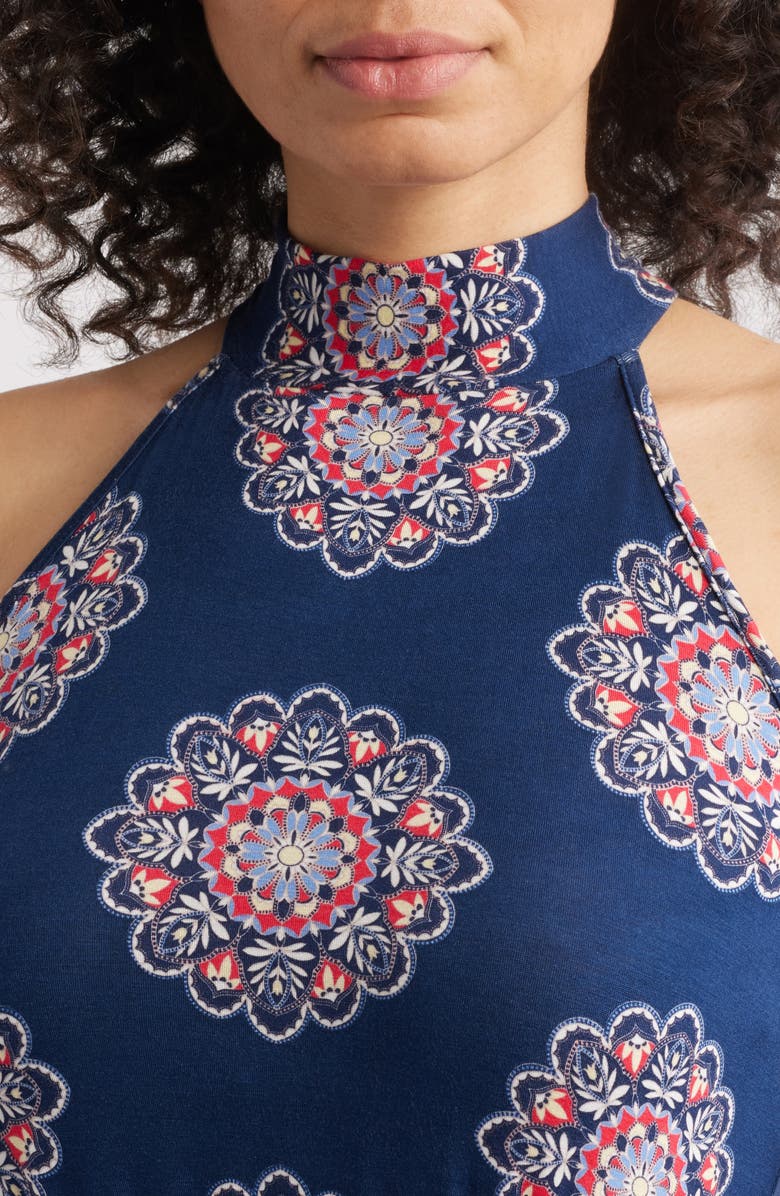 Loveappella Printed Tie Waist Halter Knit Midi Dress, Alternate, color, Navy