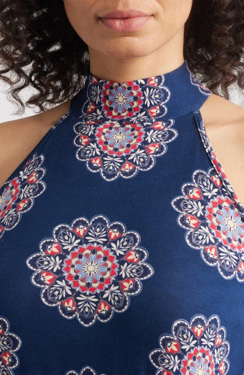 Loveappella Printed Tie Waist Halter Knit Midi Dress In Navy