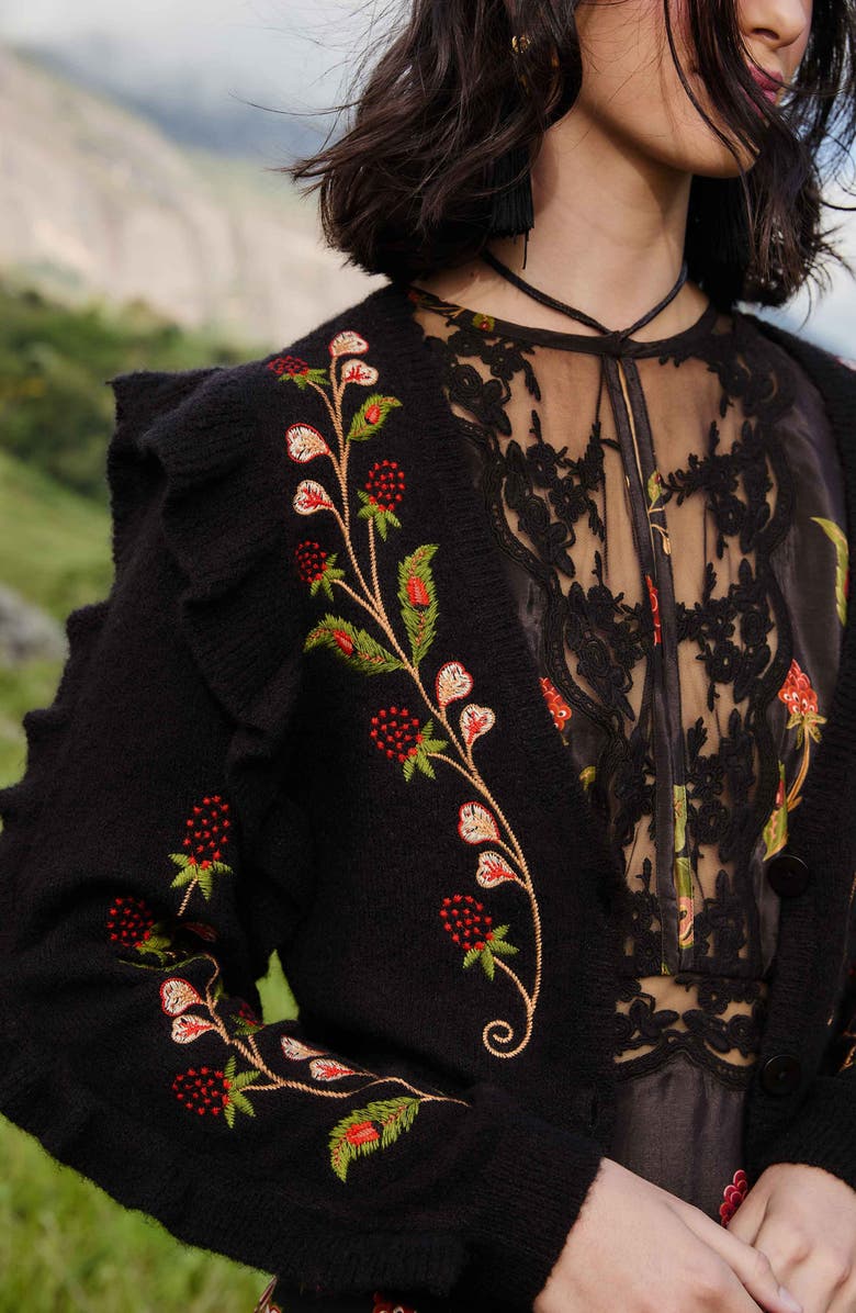 FARM Rio Berry Embroidered Ruffle Cardigan, Alternate, color, Black