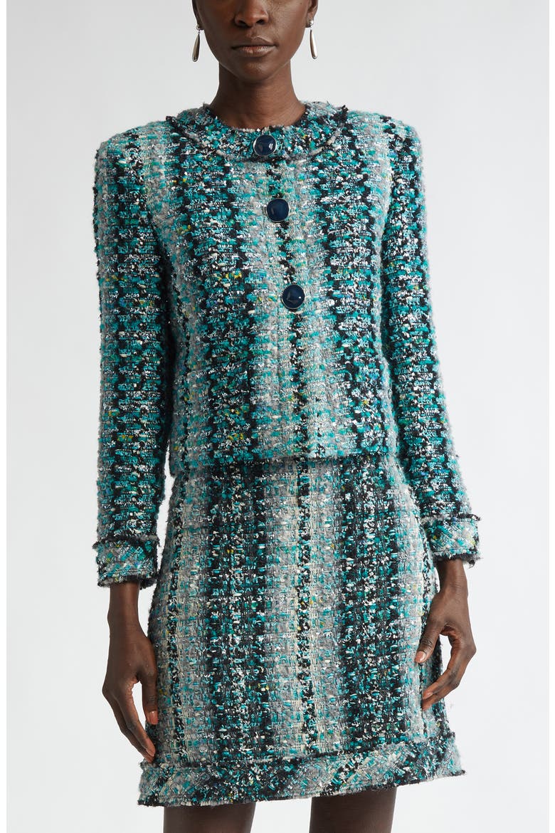 Foiled Eyelash Tweed Crop Jacket, Main, color, JUNIPER/ AQUAMARINE MULTI