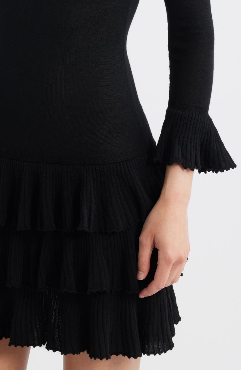 DÔEN Amelina Layered Ruffle Long Sleeve Merino Wool Minidress, Alternate, color, Black