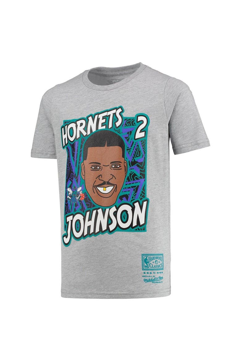 Youth Mitchell & Ness Larry Johnson Gray Charlotte Hornets Hardwood Classics King of the Court Player T-Shirt, Alternate, color, Heather Gray