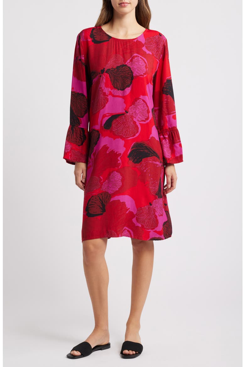 Novella Floral Long Sleeve Shift Dress, Main, color, HAUTE RED