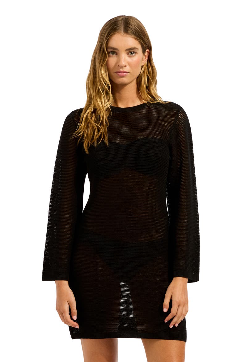 Open Back Long Sleeve Sheer Cotton Blend Cover-Up Dress, Alternate, color, BLACK