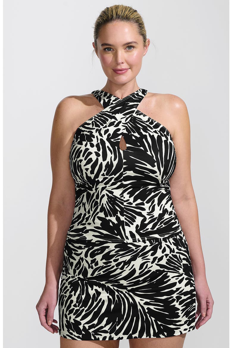 Criss Cross Halter Tankini Swimsuit Top, Main, color, Black/Egret White Leaf Scroll