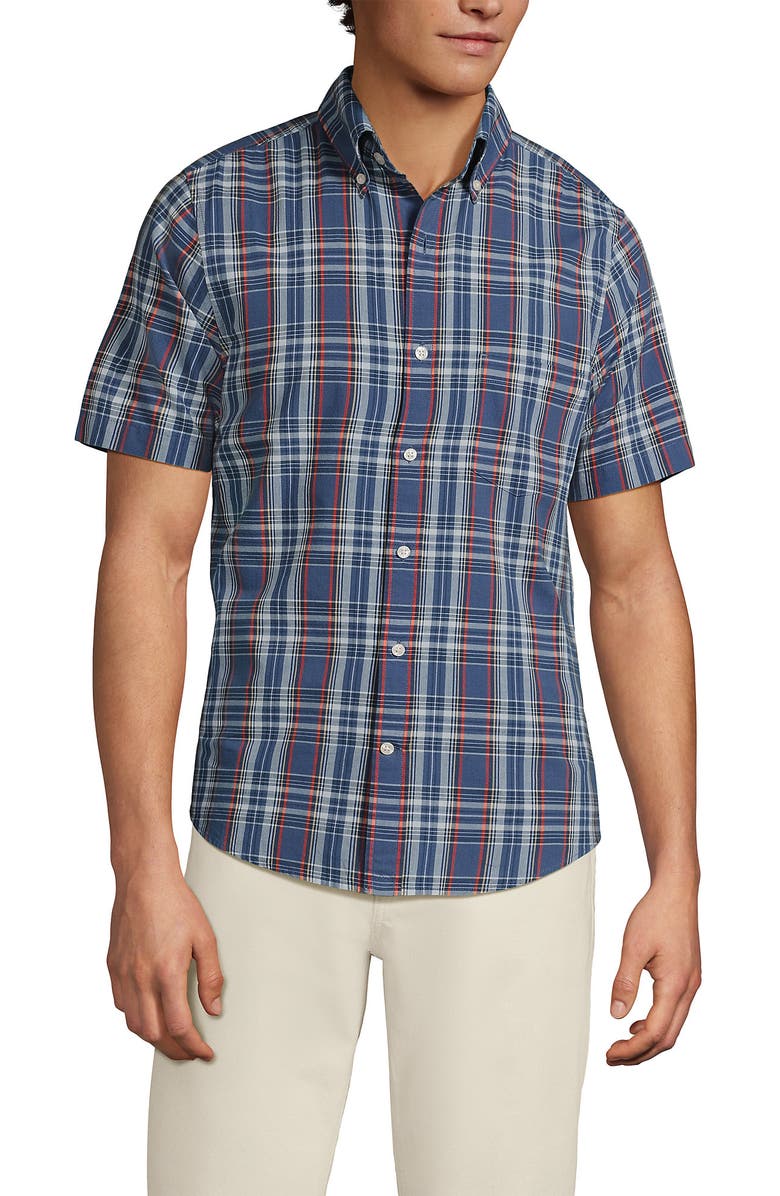 Lands' End Traditional Fit Short Sleeve Madras Shirt, Main, color, Light Indigo Blue Madras