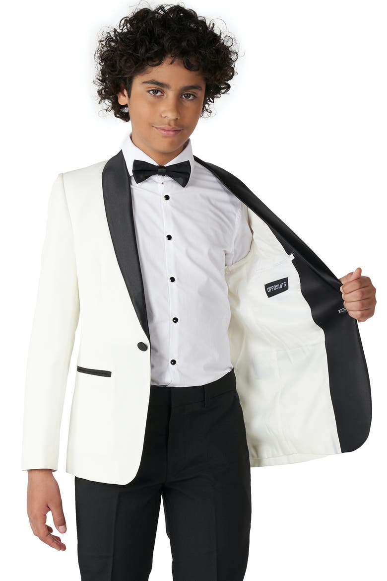 Kids' Black & White Two-Piece Tuxedo Suit with Bow Tie, Alternate, color, WHITE