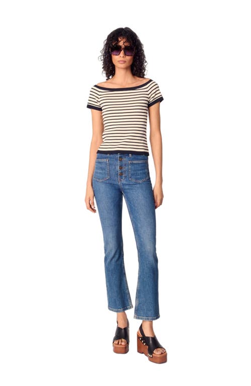 Maje Rib Knit Short Sleeve Boat Neck Top In Navy/ecru