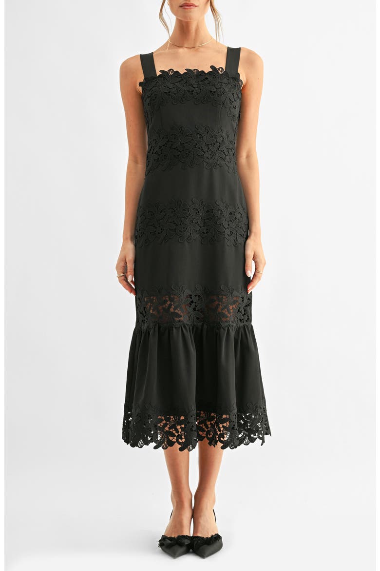 Davina Embroidered Lace Detail Midi Dress, Main, color, BLACK