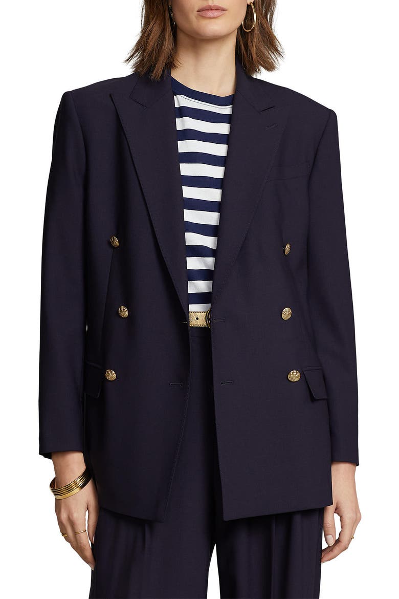 Double Breasted Stretch Wool Jacket, Main, color, NAVY