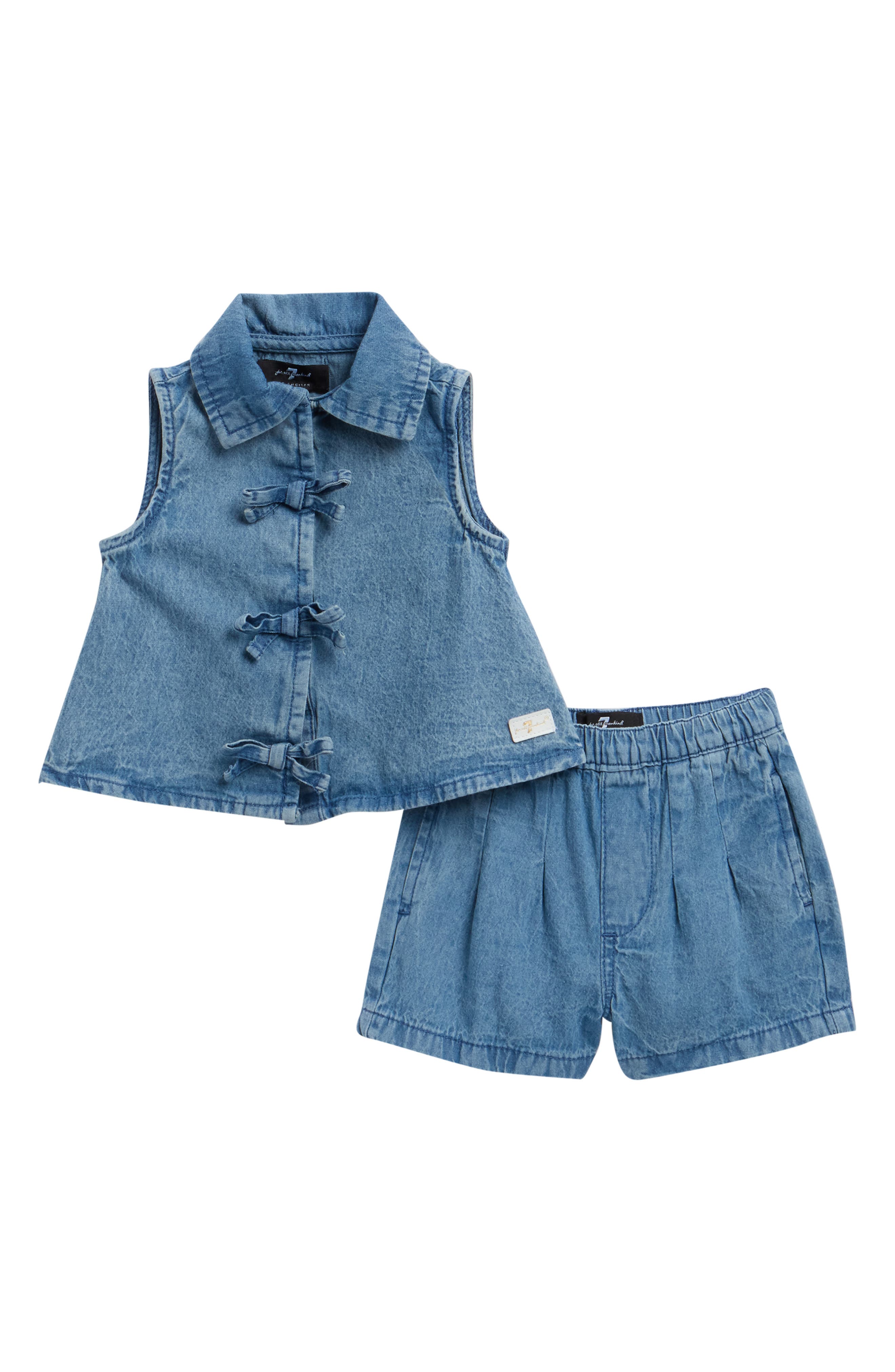 7 For All Mankind Bow Cotton Denim Top & Shorts Set