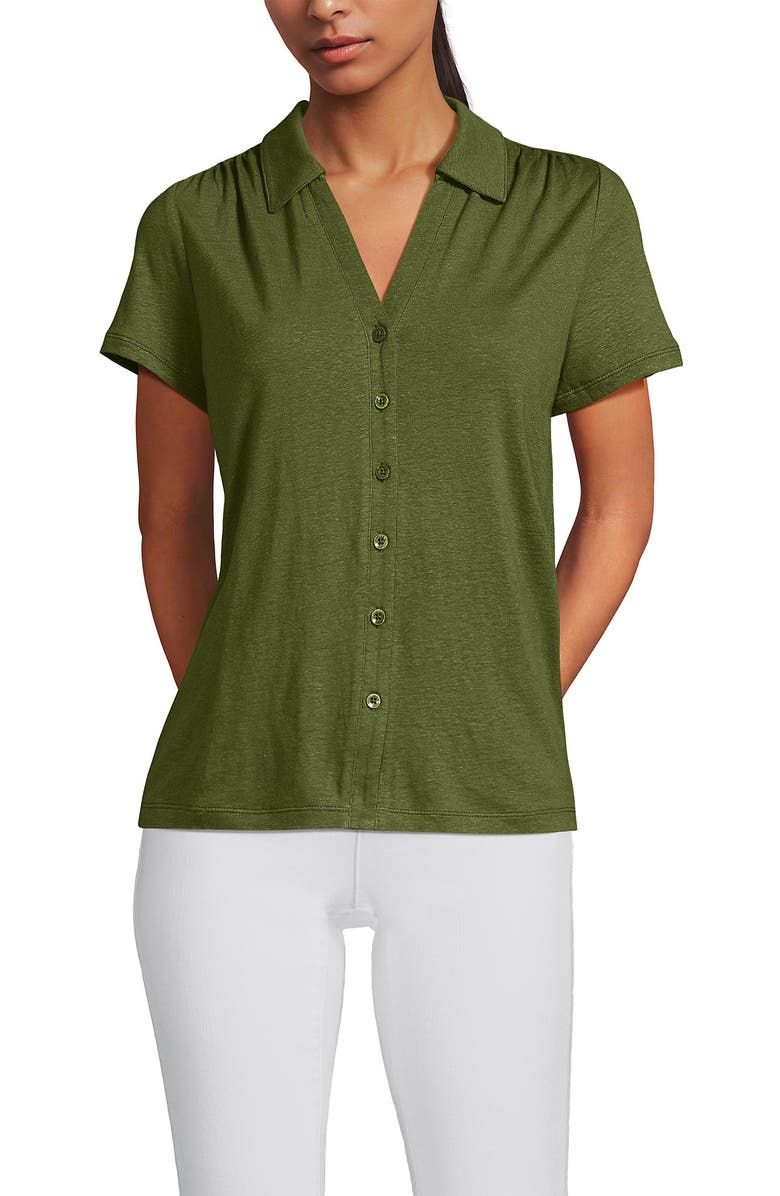 Lands' End Linen Blend Short Sleeve Button Front Polo Top, Alternate, color, Artichoke