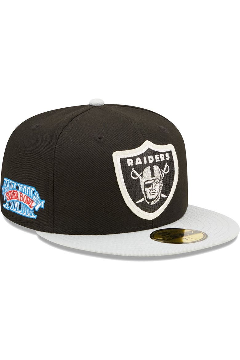 Men's New Era Black/Silver Las Vegas Raiders Super Bowl XVIII Letterman 59FIFTY Fitted Hat, Main, color, Black