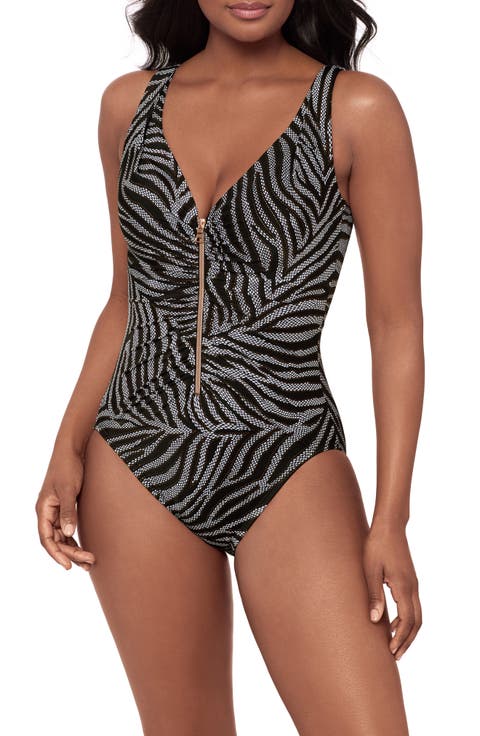 Zirconic Zip Front One-Piece Swimsuit