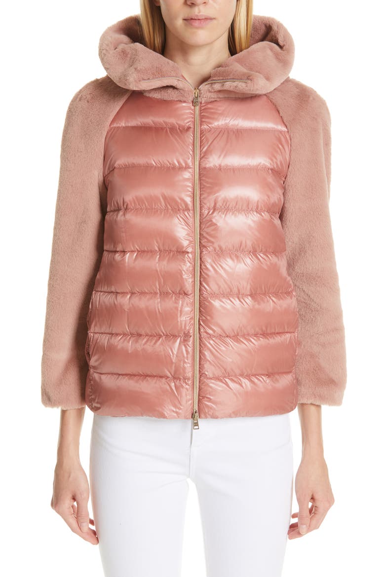 Quilted Down Nylon & Faux Fur Puffer Jacket, Main, color, PINK