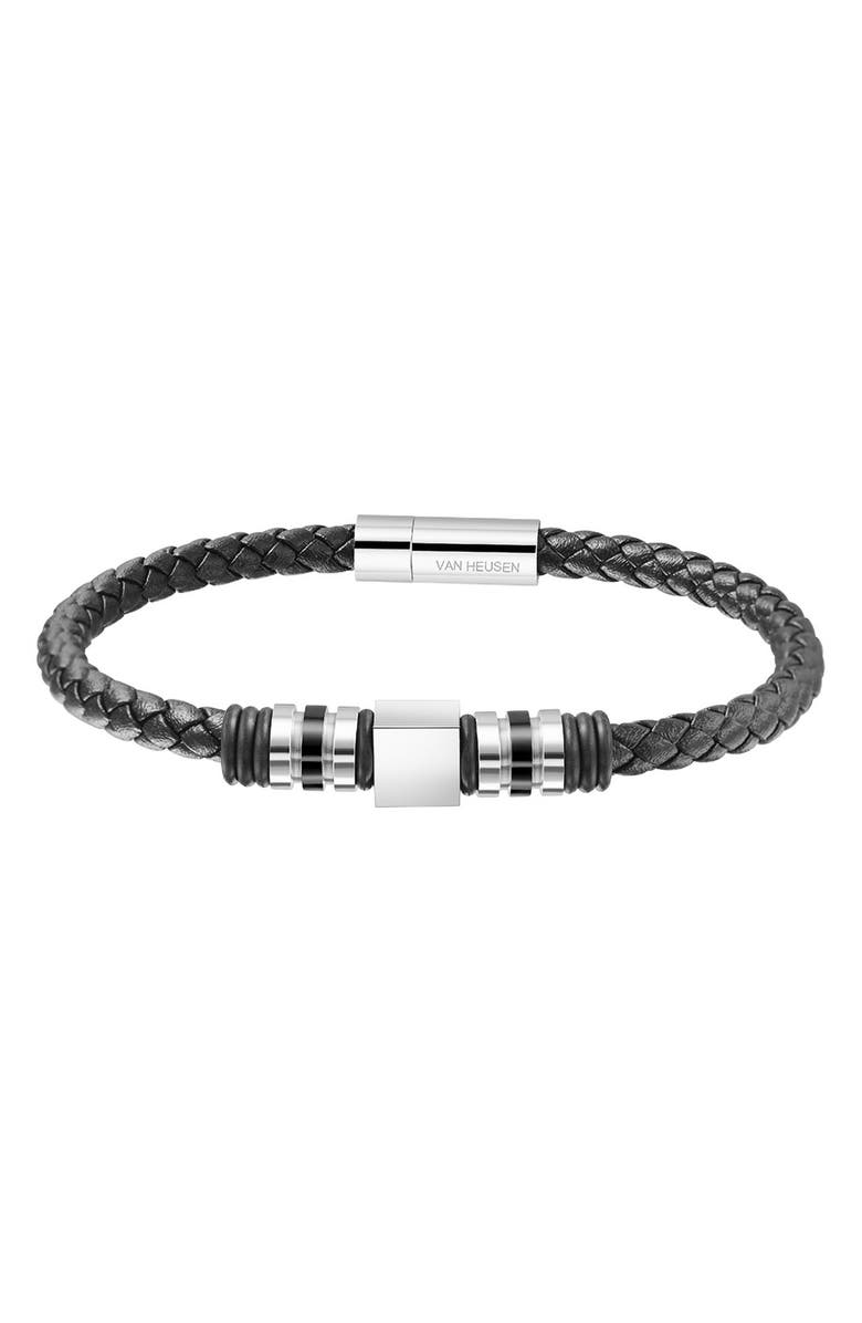 VAN HEUSEN Men's Ornament Leather Bracelet, Main, color, Silver