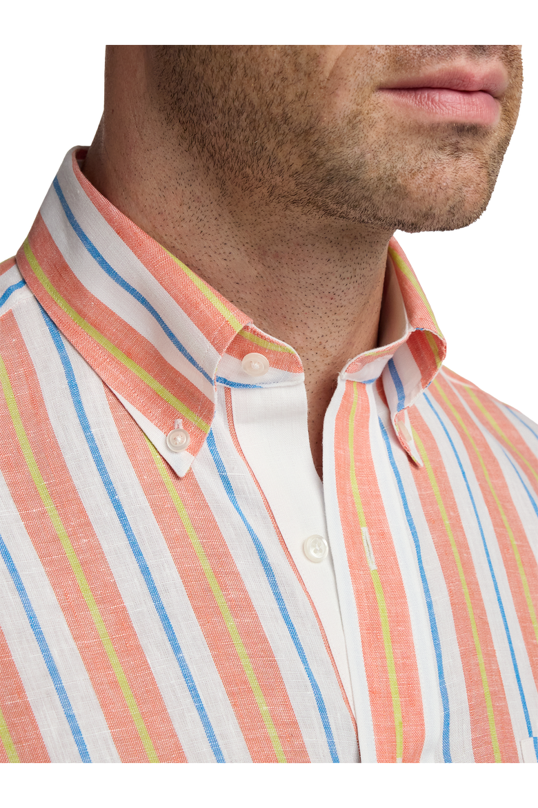 Linen Buttondown Collar Poplin Tailored Contrast Trim Button Cuff Long Sleeve, Alternate, color, White Multi