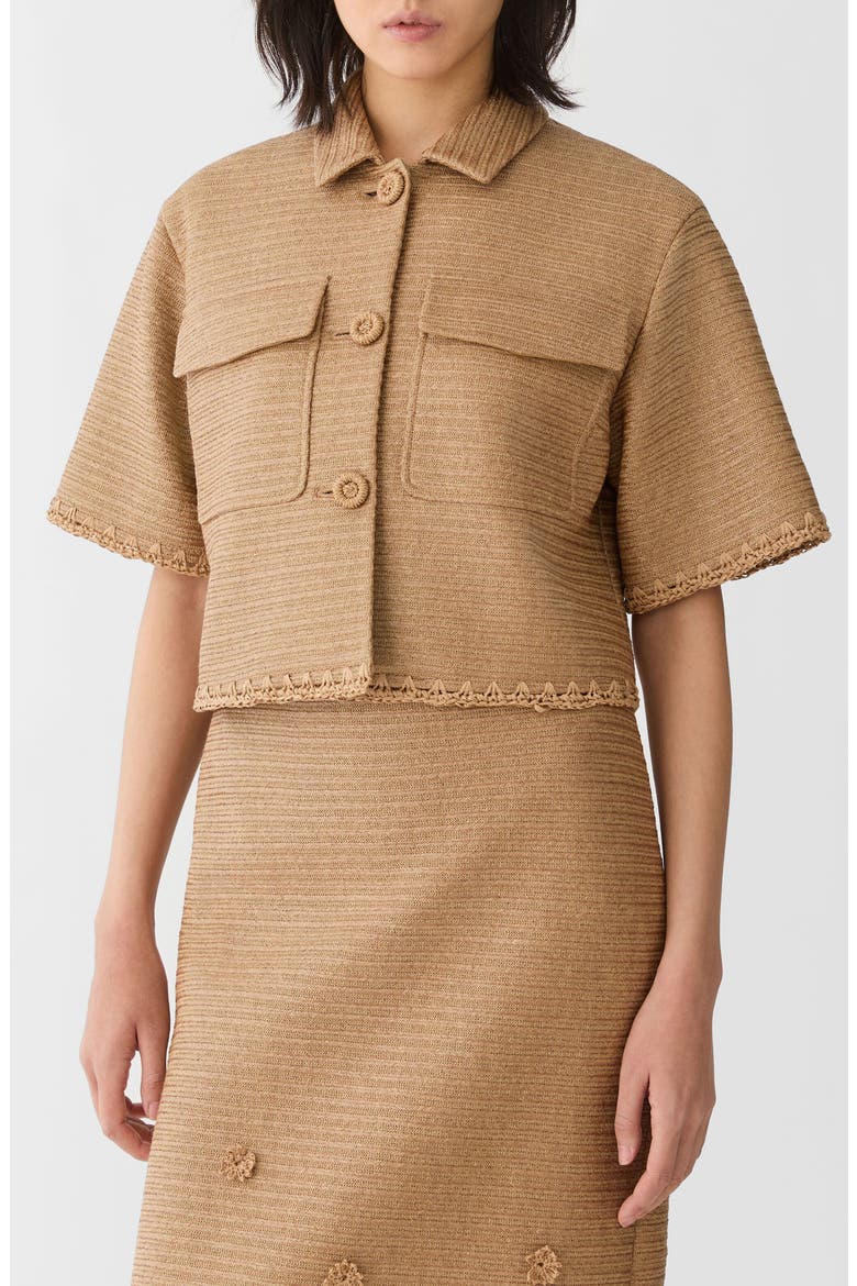Raffia Effect Crop Shirt Jacket, Main, color, TEAK