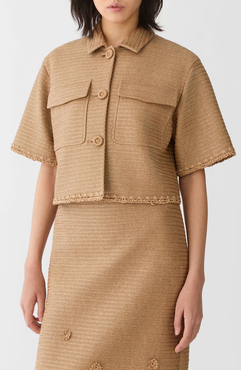 Lafayette 148 New York Raffia Effect Crop Shirt Jacket, Main, color, Teak